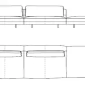 Modular sectional sofa technical drawing, black lines on white, showing side elevation and top plan with boxy cushions and short legs.