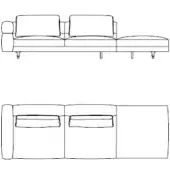 Modular sofa and chaise lounge, black line drawing, rectangular form, low profile, square cushions, minimalist design, technical rendering.