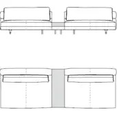 Modular sofas technical drawing, gray connectors, rectangular cushions, short dark legs, minimalist contemporary design, white background.
