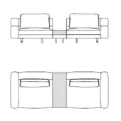 Seating arrangement diagram featuring two Soho sofas with square backs, a rectangular table, black lines on a white background.