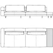 Sectional sofa “10020 t soho” technical drawing, low profile, rectangular cushions, modular design with recessed sections, cylindrical legs.
