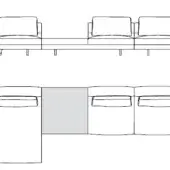 Modular sofa technical drawing, black lines on white, showing linear and L-shaped configurations with curved backrests and cylindrical legs.