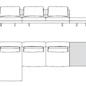 Sectional sofa technical drawing, gray chaise lounge, modular design with three cushions, cylindrical legs, minimalist schematic view.
