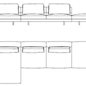 Modular sofa technical drawings, linear and L-shape configurations, black lines on white, minimalist rectangular design with square cushions.