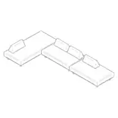 Modular sofa line drawing, white background, L-shape, rectangular cushions, cylindrical legs, geometric forms, minimalist design.