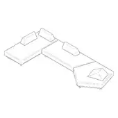 Modular seating arrangement line drawing, white background, rectangular and hexagonal modules, angled backrests, geometric recessed pattern.