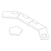 Modular sofa line drawing, gray, with rectangular sections and cylindrical feet, paired with a hexagonal ottoman composition.