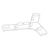 Modular outdoor sectional sofa, light gray line drawing, L-shape with rectangular cushions and minimalist geometric design against a white background.