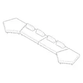 Modular sofa line drawing, gray geometric form, rectangular center with hexagonal angled ends, three textured cushions, cylindrical legs.
