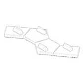 Modular seating composition line drawing, white background, four irregular modules with rectangular cushions, dark outline, circular feet.
