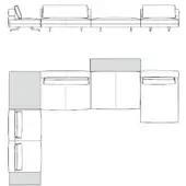 Sectional sofa technical drawings, black lines on white, showing L-shape modular design, three cushions, low profile, and side elevation plan.