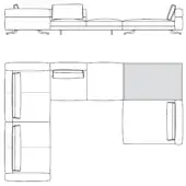 Sectional sofa line drawing, black and gray, showing straight and L-shape configurations with square arms, bolster pillow, and cylindrical legs.