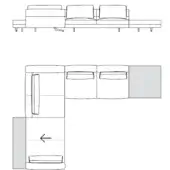 Sectional sofa technical drawing, black lines on white, shows plan & elevation views of three-cushion sofa, corner, & chaise lounge.