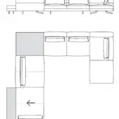 Sectional sofa line drawing, modular configuration, L-shape layout with gray highlighted components and downward-pointing arrow detail.