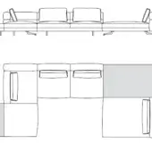 Sectional sofa line drawing, modular L-shape, gray chaise, low profile, square cushions, dark base, technical blueprint aesthetic.