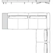 Sectional sofa technical drawing, gray lines on white, L-shape with three cushions, rectangular back, low profile, and short legs.