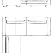 Sectional sofa line drawing, modular L-shape, rectangular cushions, metallic angled legs, minimalist design, technical illustration.