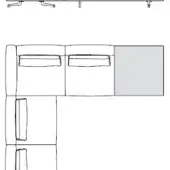 La Cividina sectional sofa technical drawing, L-shape, gray modules, low profile, square armrests, cylindrical legs, minimalist design.