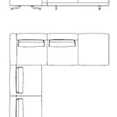 Sectional sofa line drawing, modular L-shape, black on white, boxy cushions, cylindrical legs, technical schematic, minimalist design.