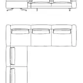 Sectional sofa line drawing, modular L-shape, rectilinear silhouette with square cushions, cylindrical legs, white background rendering.