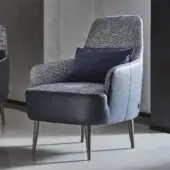 Sophisticated Ditre Italia Ray lounge chair with dark leather and woven gray blue textile upholstery, built with elegant wooden legs