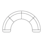 Modular sofa black line drawing, curved horseshoe shape with six segments, rounded backs, rectangular bases, modern design.