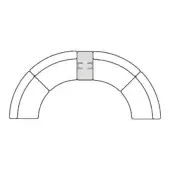 Modular curved sofa light gray fabric six segments connected central rectangular piece interlocking squares minimalist design studio rendering.