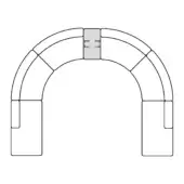 Sectional sofa schematic, neutral fabric, curved horseshoe shape with central connector and rectangular armrests, modular design detail.