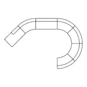 Modular sectional sofa line drawing, black and white, curved horseshoe shape with rectangular segments and minimalist design.