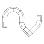 Modular seating line drawing, black and white, U-shaped arrangement of rectangular blocks connected by smaller connectors, technical schematic.