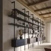 Distinguished Cattelan Italia Airport bookcase with Canaletto walnut shelves and graphite embossed lacquered steel framework in matte finish