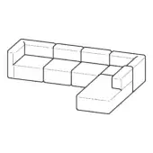 Modular sectional sofa black line drawing, L-shape arrangement, minimalist boxy form, squared edges, white background.