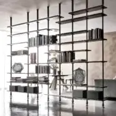 Exceptional Cattelan Italia Airport bookcase with Canaletto walnut shelves and black embossed lacquered steel pillars