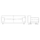 Sofa technical drawing, modular design, black lines on white, squared armrests, low profile, front and side views, recessed square legs.