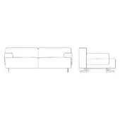 Leros sofa technical drawing, black lines, modular two-seater with squared silhouette, cylindrical legs, minimalist design.