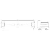 Sofa line drawing, rectangular form, black on white, two-seater with low back and stepped square legs, showing front and side profiles.
