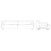 Sofa technical drawing, black lines, rectangular two-seater with squared armrests, cylindrical legs, dashed center seat division.