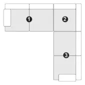 Sectional sofa light gray, modular design with three square-panel sections labeled 1, 2, and 3, shown in a schematic diagram.