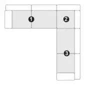Modular sectional sofa, light gray fabric, square-patterned border detail, three-piece configuration, minimalist design, studio shot.
