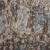 Cotton chenille radja fabric texture with a muted beige, brown, gray, and blue mottled weave and a thick, nubby surface.