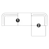 Sectional sofa schematic diagram, white background, three modular pieces labeled with numbers, L-shape and rectangular corner configuration.