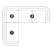 Modular sofa composition diagram, black lines on white, L-shape with curved corner, square module, and rectangular section, numbered 1-3.
