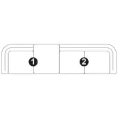 Sectional sofa schematic, neutral tone, two-module design with curved armrests and rectangular form, labeled with black circles.