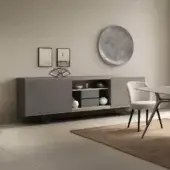 Distinguished Presotto Aliante sideboard with matte gray lacquered finish and dark metal base offering sliding doors and open shelving
