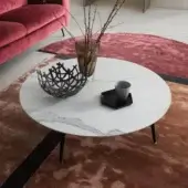 Elegant Presotto Olive coffee table with ceramic top exhibiting grey veining and peltro metal legs with brass feet