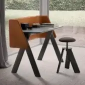 Distinguished Presotto Squid desk with angular lines and a dark matte top complemented by a black epoxy base and tan leather guard