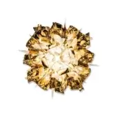 Gold spherical ceiling light, Veli model, with overlapping brushed metal petals forming a starburst pattern and central illumination.