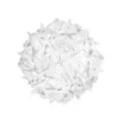 Pendant lamp, white fabric, spherical shape with overlapping petal-like elements in a radial arrangement, studio product shot.