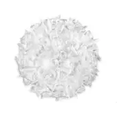Ceiling light, white composite, circular layered design with petal-like elements radiating from center, textured surface, monochromatic palette.