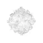 White spherical pendant lamp, layered white composite material, organic curved petals radiating from center, diffused lighting.